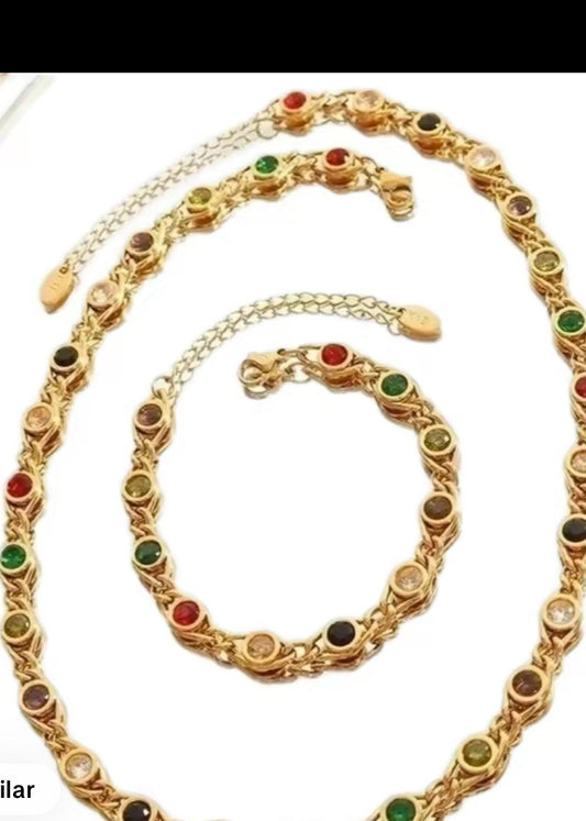 Jewelry Set Gold-Toned Necklace and Bracelet with Colorful Accents Featuring Red-Green & Black Stones
